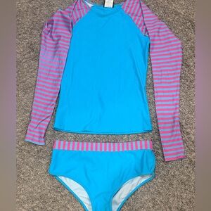 Kids Blue and Pink Stripe Long-Sleeve Rash Guard Set